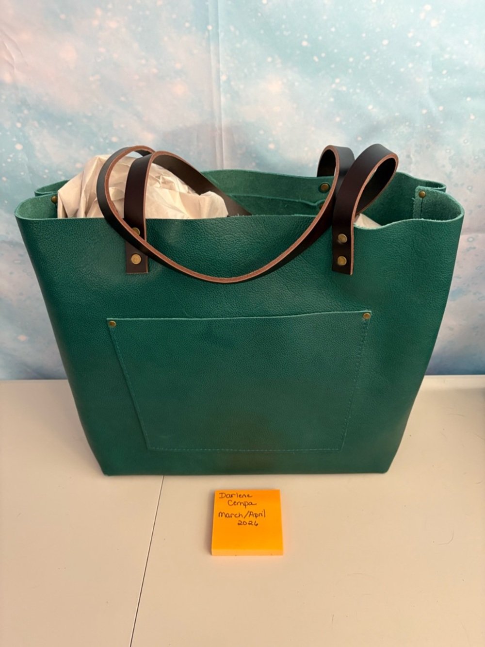 Portland Leather Emerald Green Tote with Brown Straps